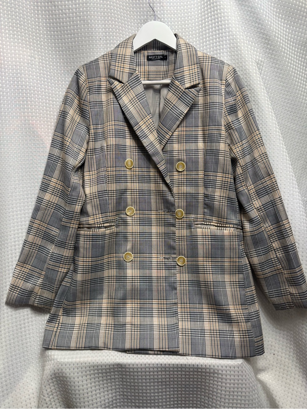 Nasty Gal Plaid Double-Breasted Blazer in Tan and Gray